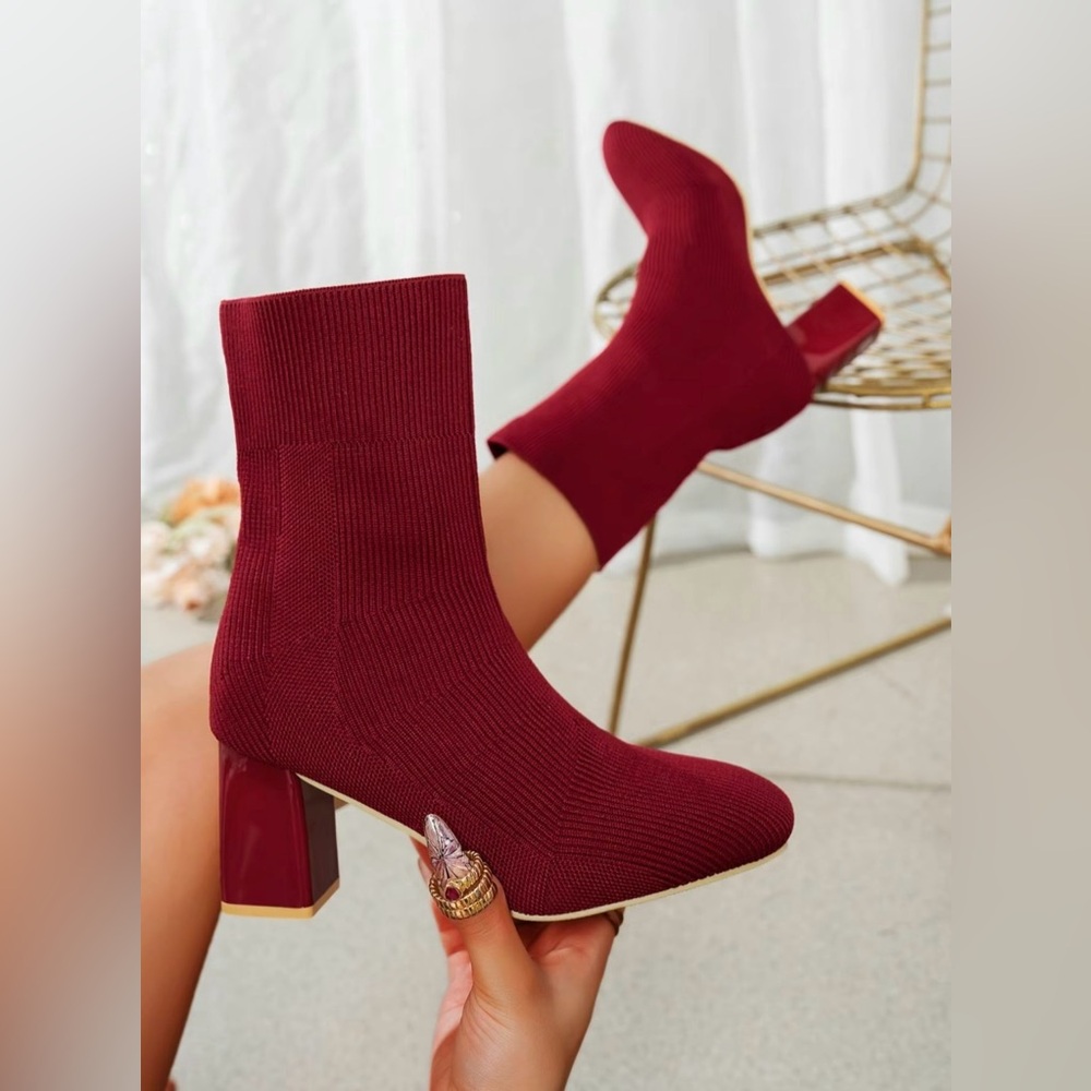 Burgundy Sock Heeled Booties